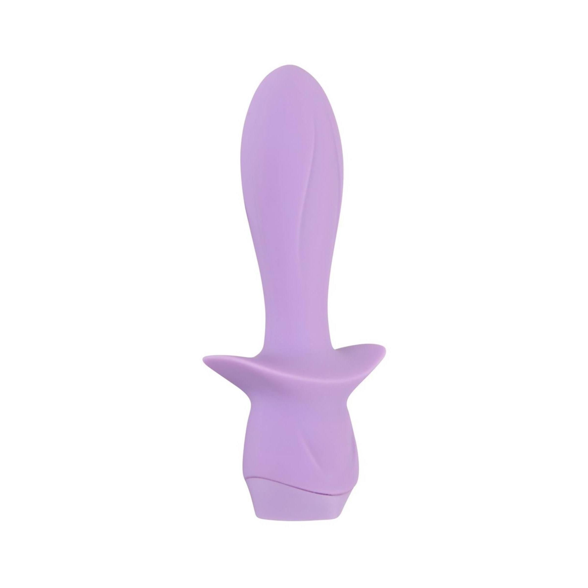 Lila Vibrator mit tropfenförmigem Kopf und Flügeln. Auf weißem Hintergrund.
