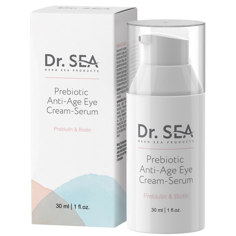 Weiße Flasche mit Aufschrift Dr. SEA, Anti-Aging Augencreme-Serum. Mit Präbiotika & Biotin. 30 ml | 1 fl.oz.