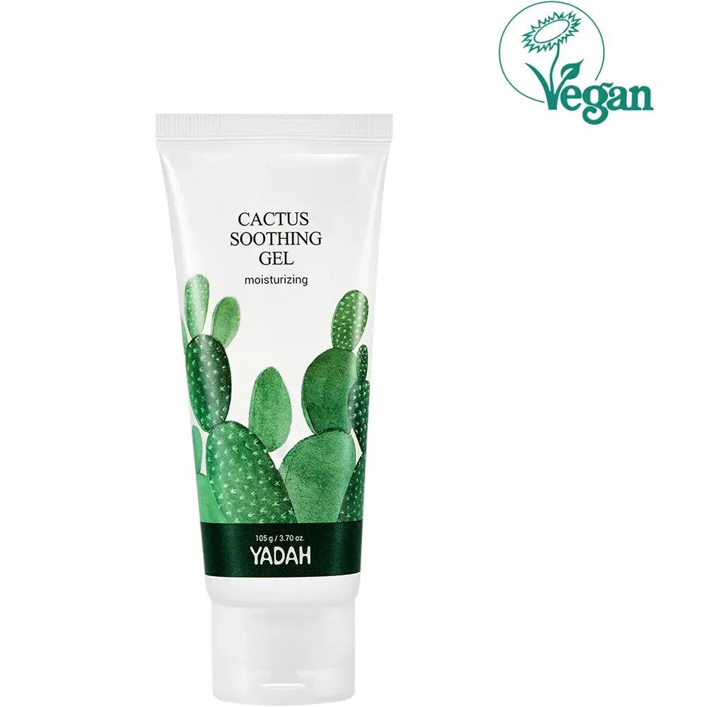 Weiße Tube mit grünem Aufdruck und der Aufschrift Cactus Soothing Gel. Logo: YADAH. Vegan-Siegel.