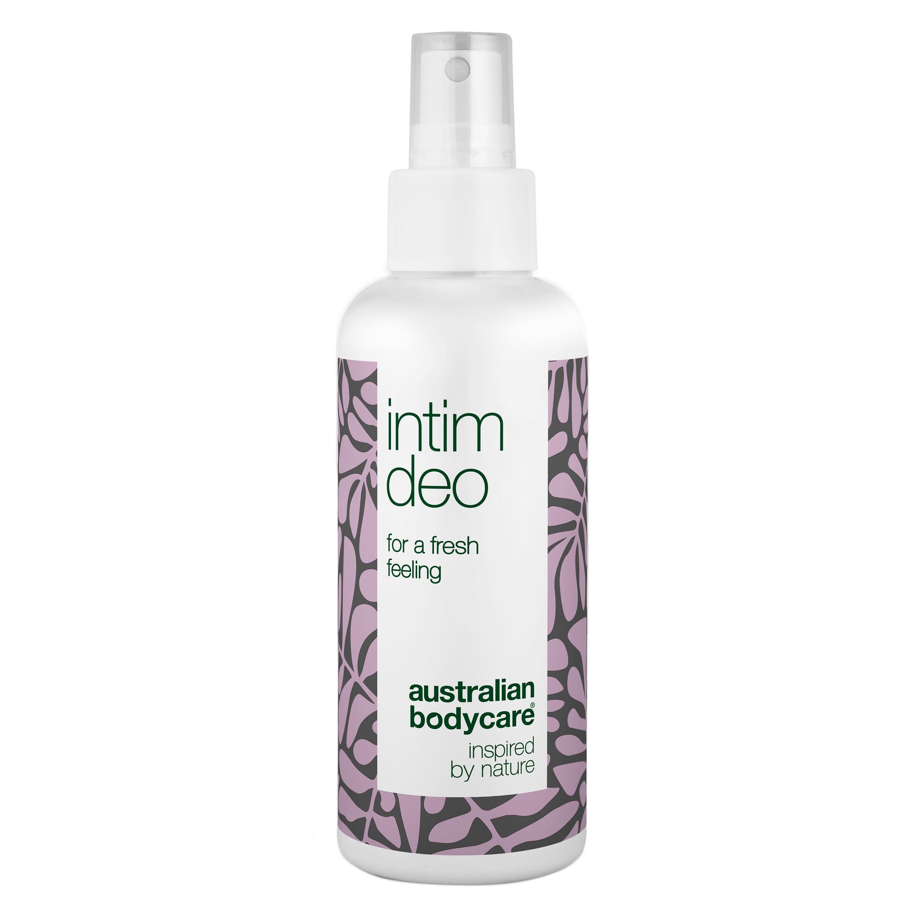 Weißes Intimdeo-Spray mit lila Muster. Aufschrift: Intim Deo, Australian Bodycare.