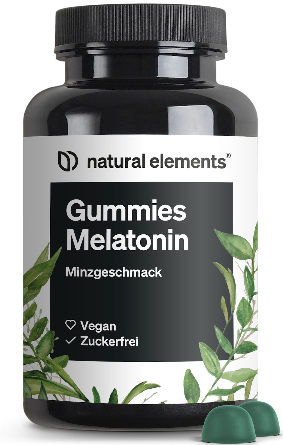 Schwarze Flasche Gummies Melatonin Minze. Grüne Gummies daneben. Vegan und zuckerfrei.