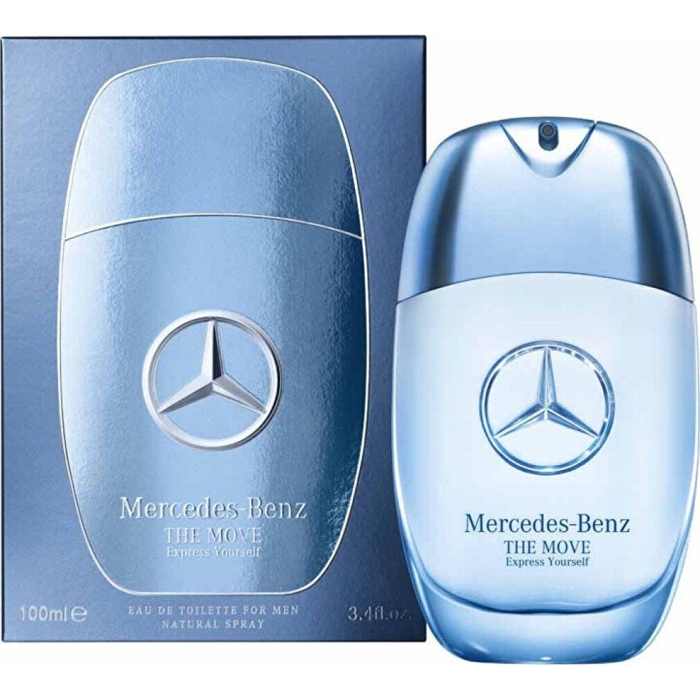 Eau de Toilette-Flakon und Verpackung. Flakon hellblau, oval, Mercedes-Benz Logo. Verpackung blau, Produktname und Logo sichtbar.