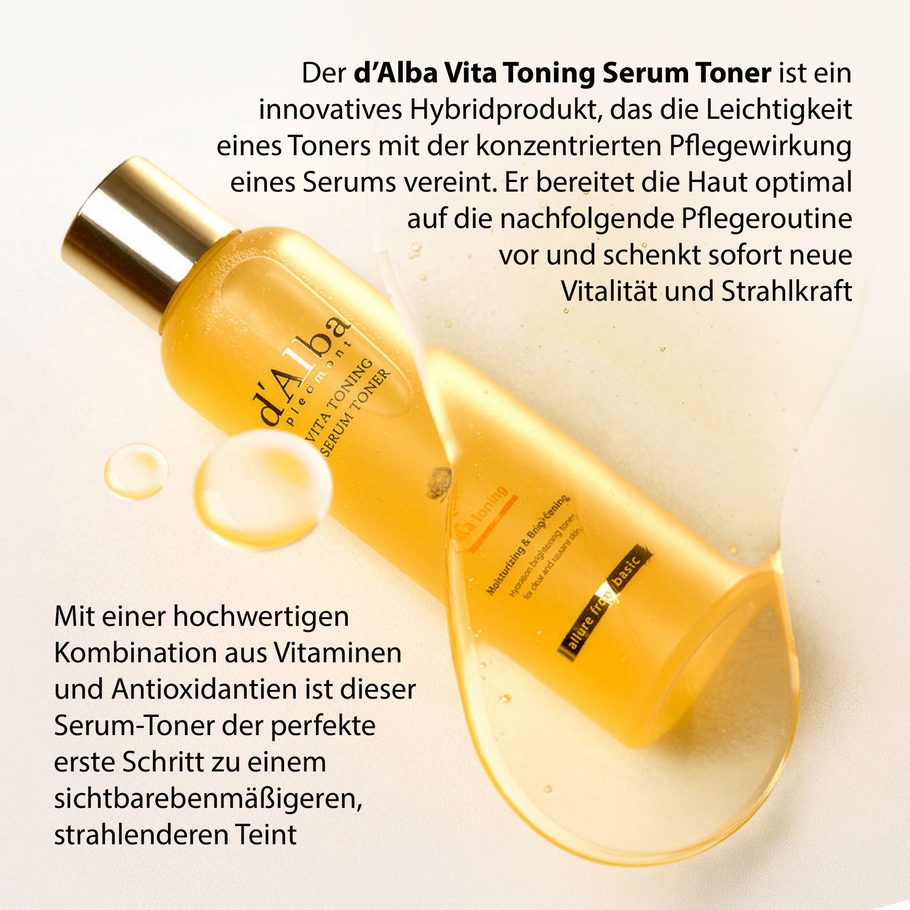Gelbe Flasche mit d'Alba Vita Toning Serum Toner. Text: Der d'Alba Vita Toning Serum Toner ist ein innovatives Hybridprodukt.