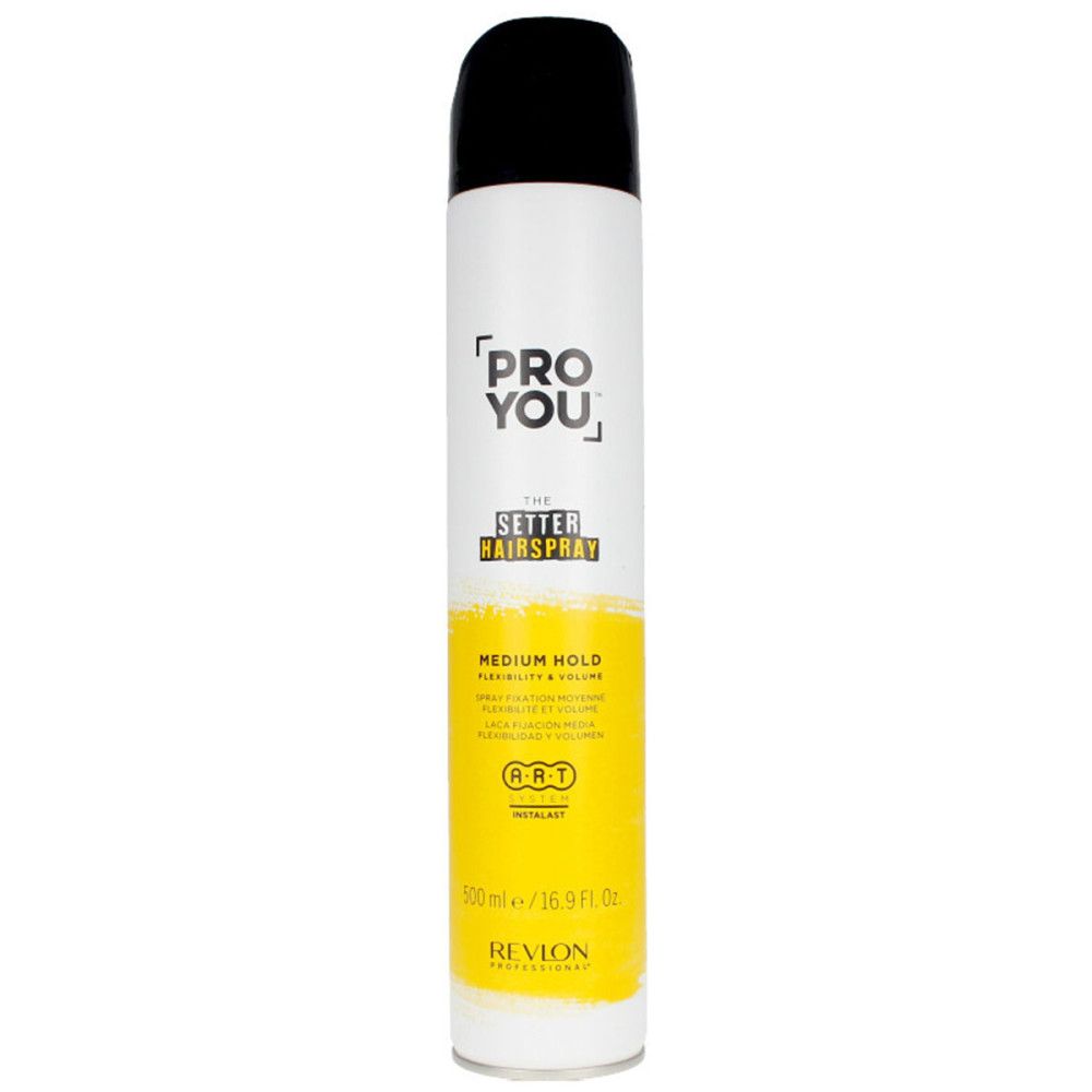 Haarspray-Dose, weiß mit schwarzem Deckel. Aufschrift: PRO YOU, THE SETTER HAIRSPRAY, MEDIUM HOLD. Revlon.
