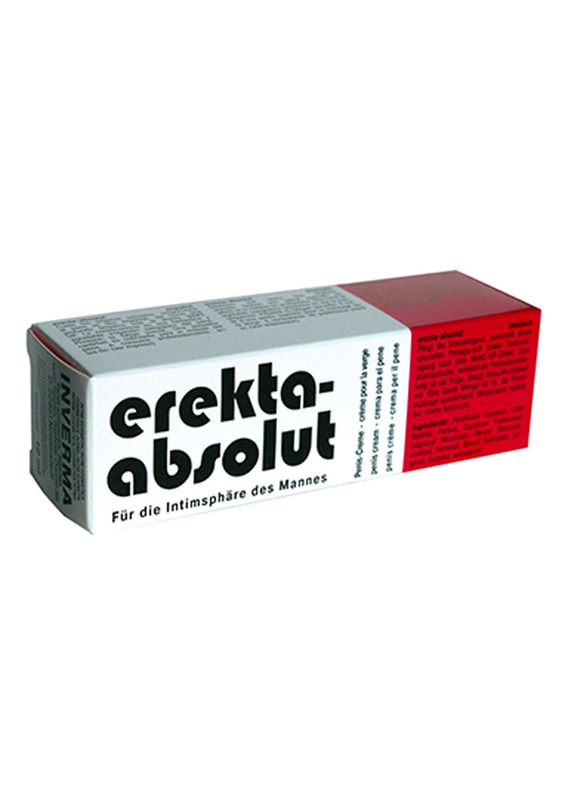 Verpackung von erekta-absolut. Rechteckige Schachtel, weiß-rot. Text: erekta-absolut, Für die Intimsphäre des Mannes. Inhaltsstoffe.