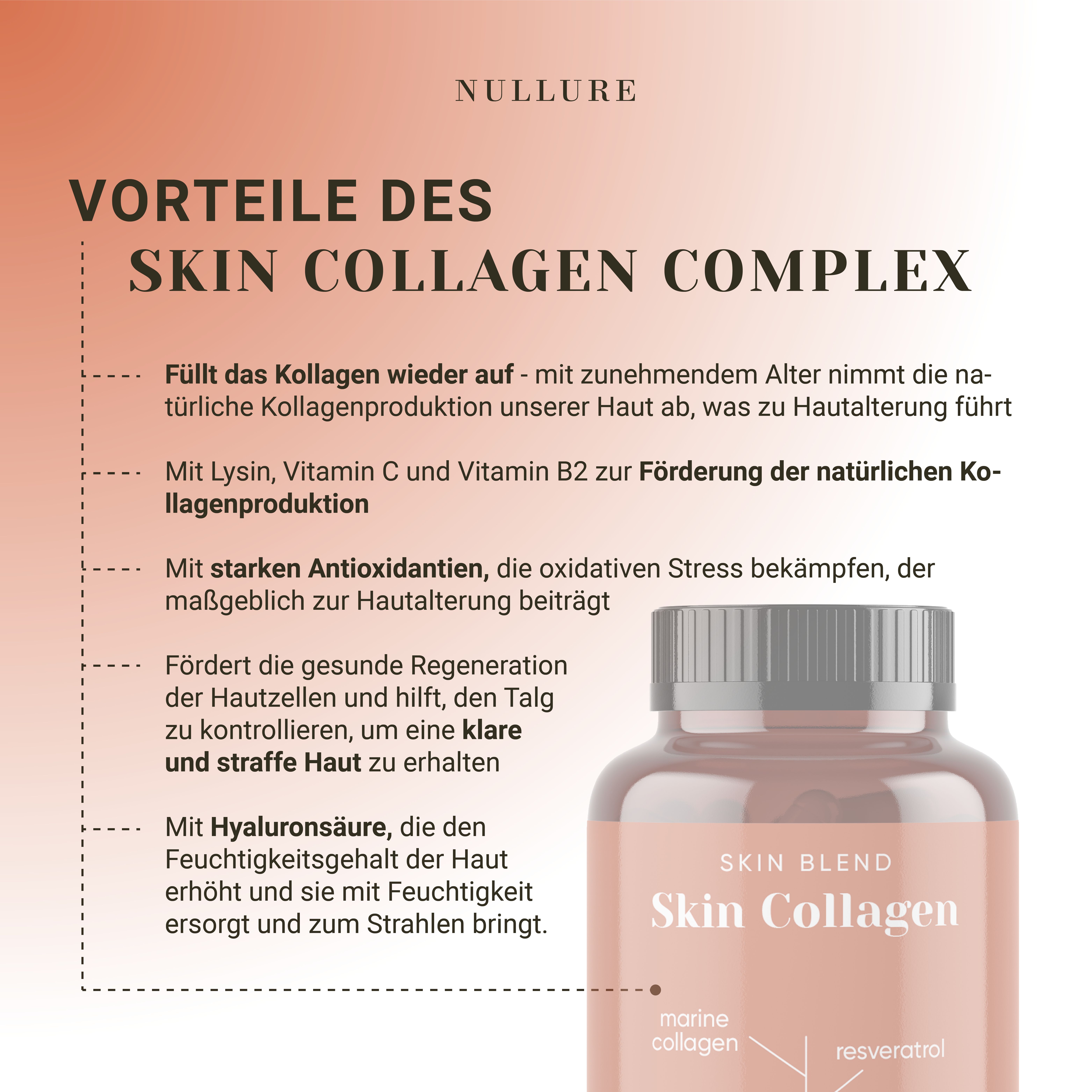 Text mit Vorteilen des Skin Collagen Complex. Informationen über Kollagen, Antioxidantien und Hautregeneration.