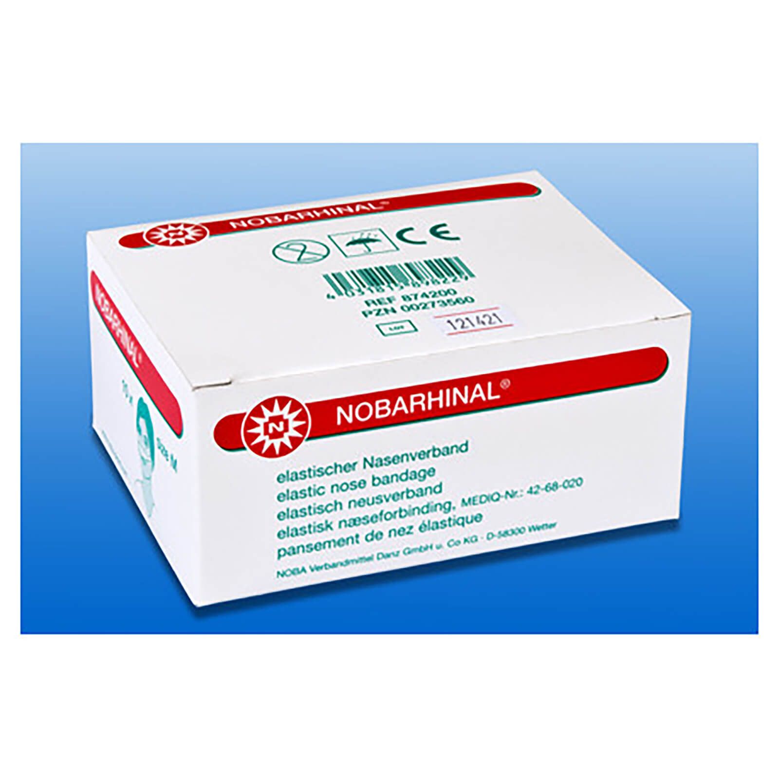Weiße Verpackung mit rotem Logo und Schriftzug NOBARHINAL®. Text: elastischer Nasenverband.