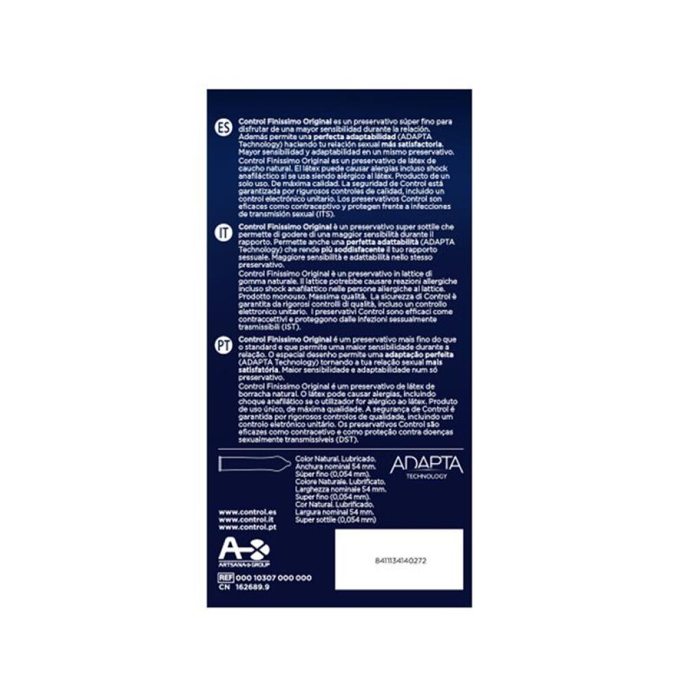 Rückseite einer Packung Control Finissimo Original Kondome mit Produktinformationen und Spezifikationen.