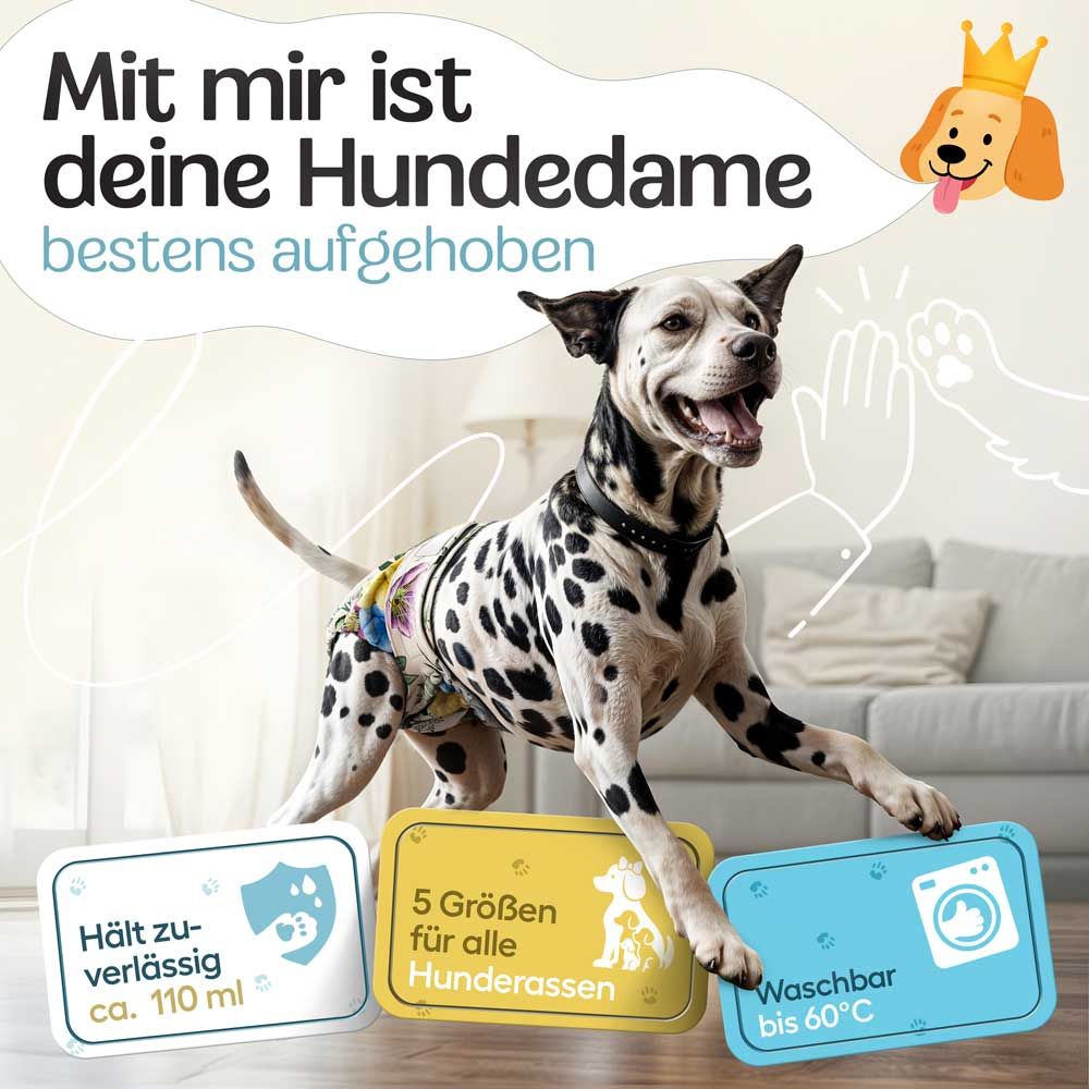 Dalmatiner mit Windel. Text: Hält zuverlässig ca. 110 ml, 5 Größen, Waschbar bis 60°C. Hundedame.