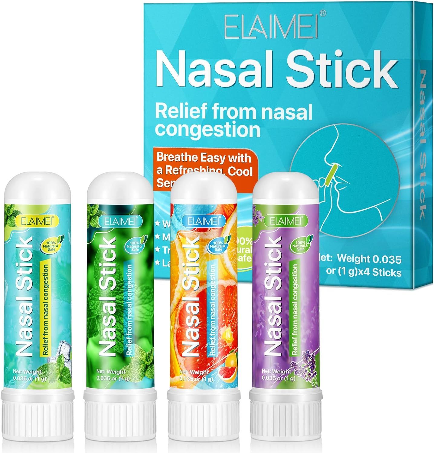 Vier Nasen-Inhaliersticks in einer Schachtel. Auf jedem Stift steht 'Nasal Stick'. Die Schachtel zeigt den Produktnamen.