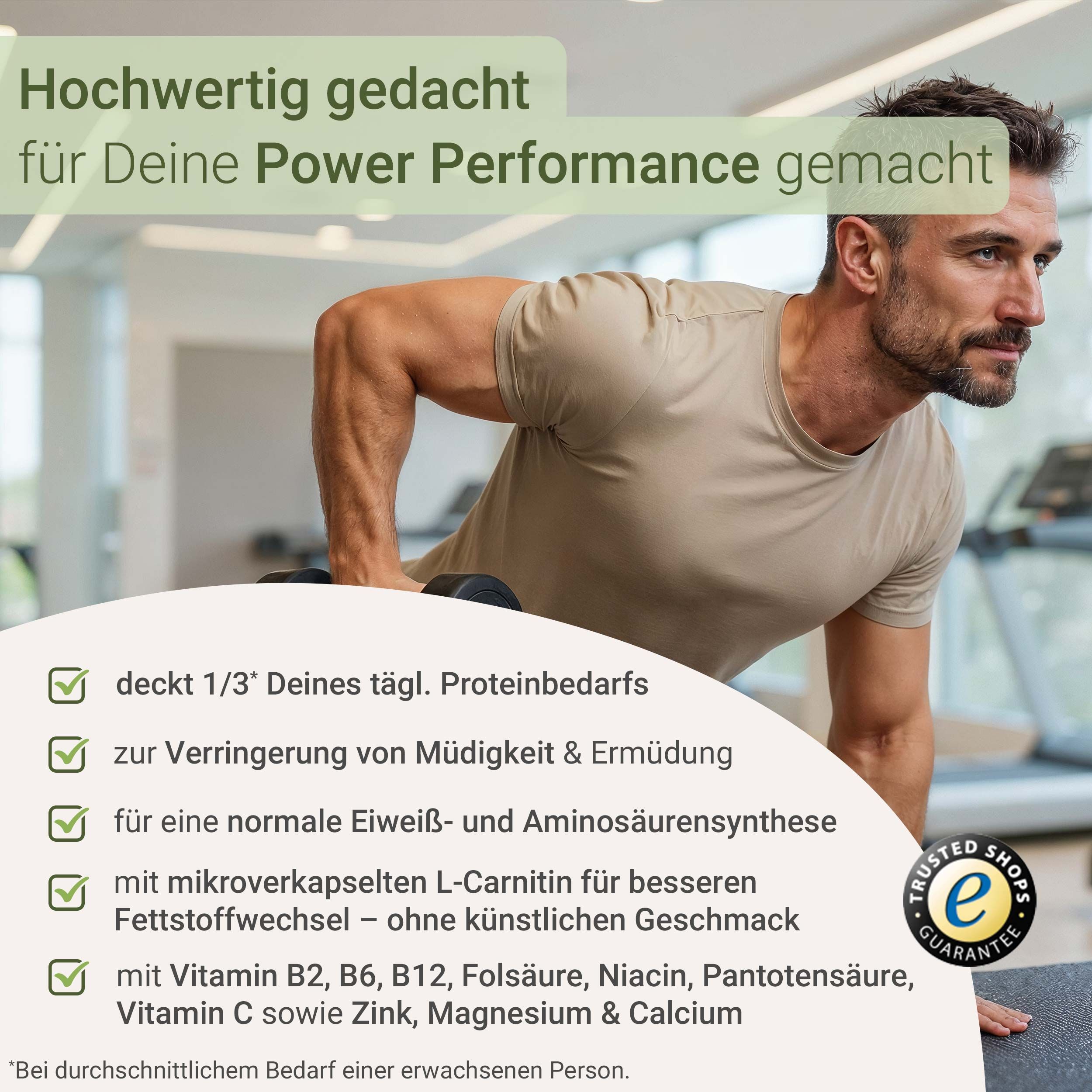 Mann trainiert im Fitnessstudio. Text: Deckt 1/3 Ihres tägl. Proteinbedarfs, zur Verringerung von Müdigkeit & Ermüdung, für eine normale Eiweiß- und Aminosäurensynthese.