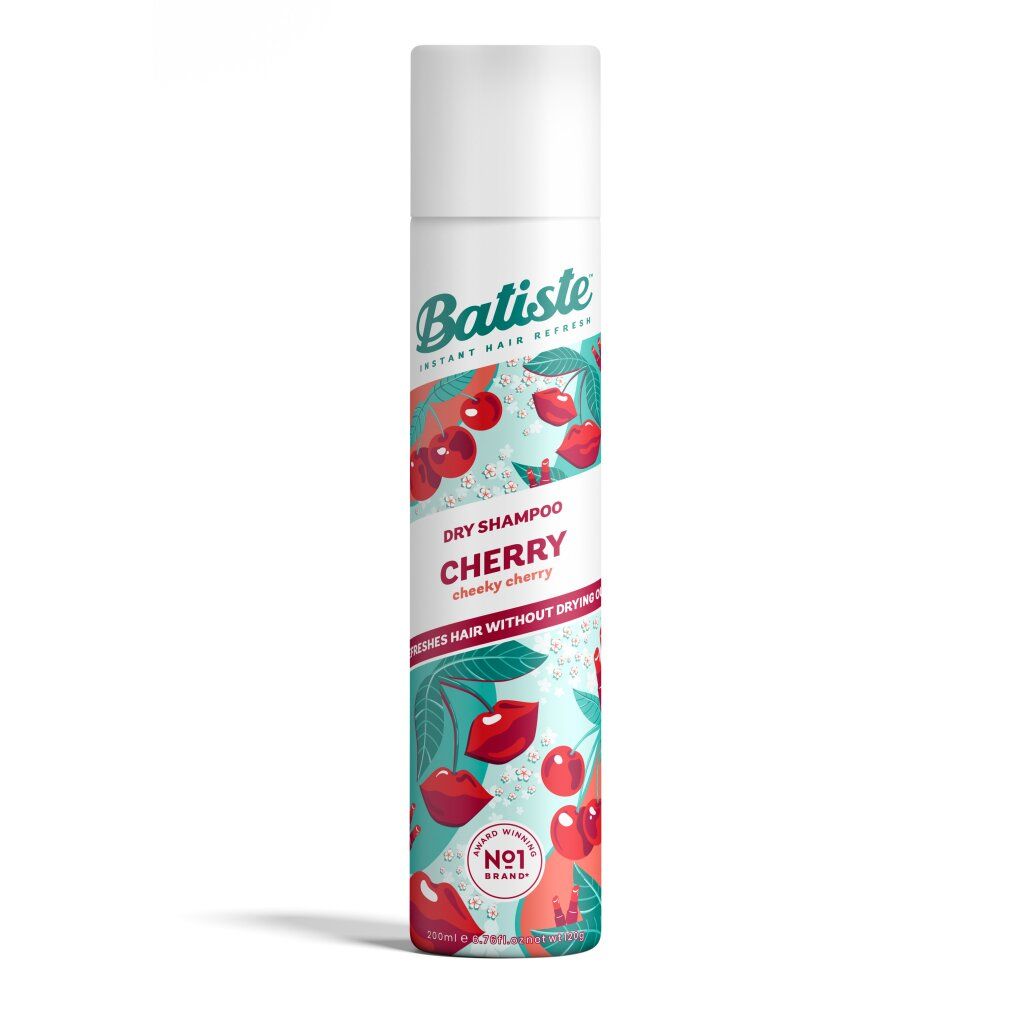 Trockenshampoo-Dose mit Kirschmotiv. Aufschrift: Batiste, Dry Shampoo, Cherry. Mit rotem Etikett und Kirschabbildungen.