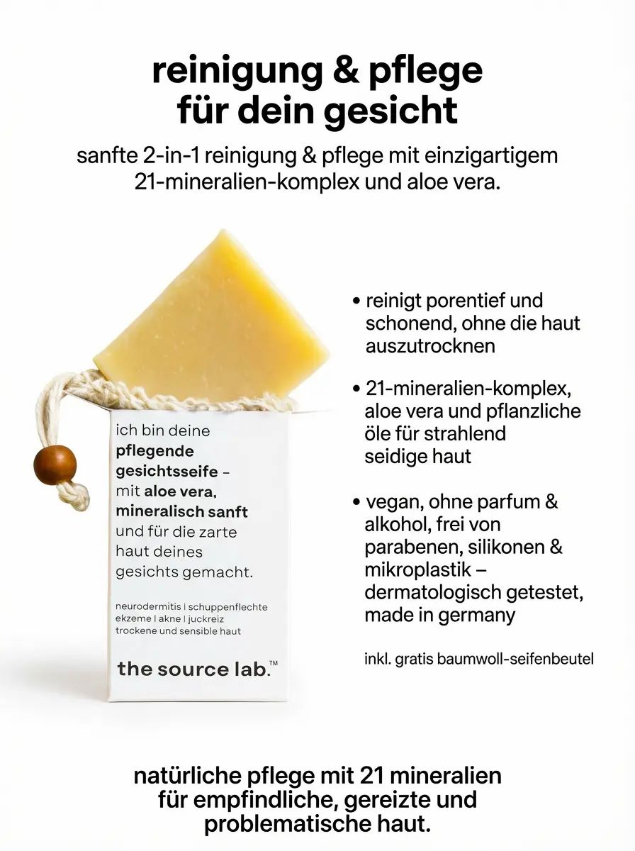 Gesichtsseife mit Seifenbeutel. Gelbe Seife auf weißem Karton. Text: the source lab. Reinigung & Pflege für dein Gesicht.
