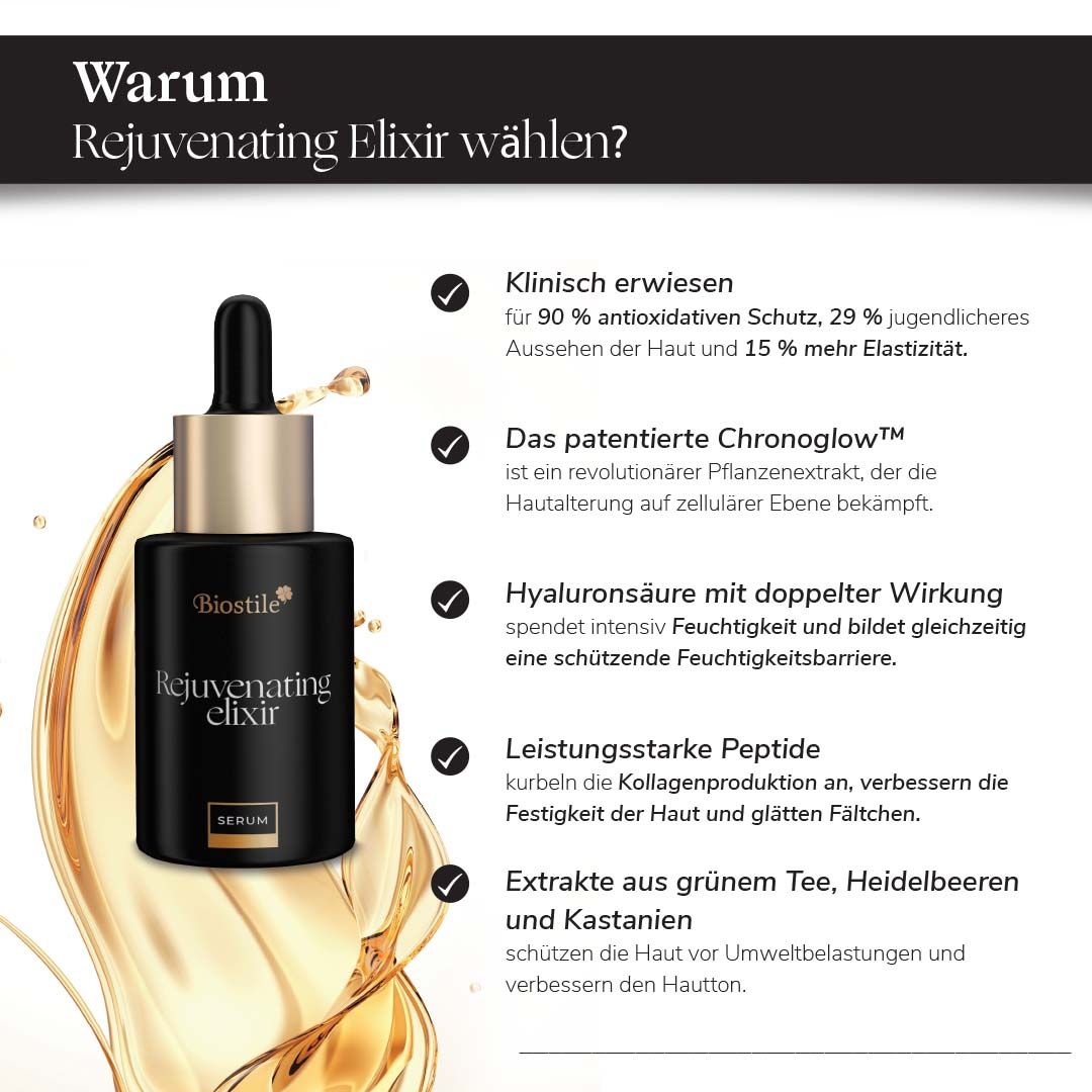 Biostile Rejuvenating Elixir Serum Flasche mit Pipette und Informationen zu Inhaltsstoffen.