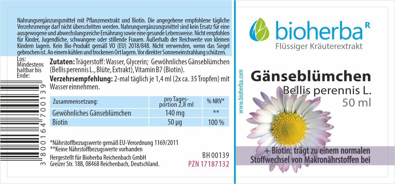 Etikett mit Produktinformationen. Text: Bioherba Gänseblümchen, Bellis perennis L., 50 ml. Inhaltsstoffe, Verzehrempfehlung, Nährwertangaben.