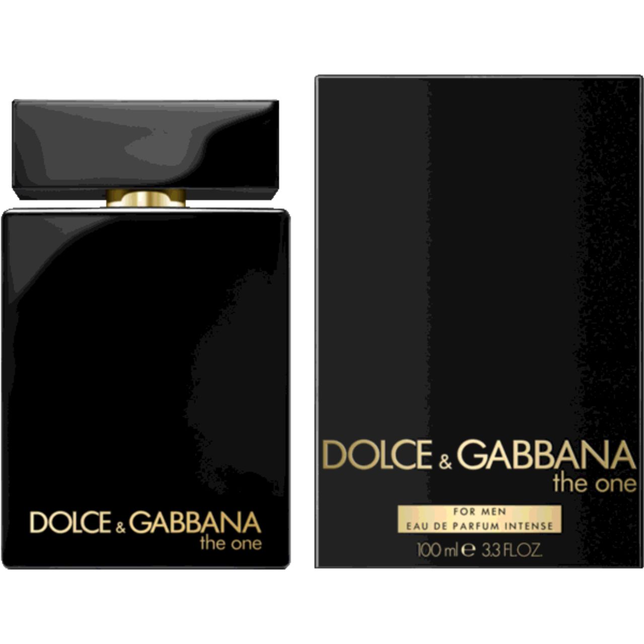 Schwarzer Flakon und Verpackung. Goldfarbene Schrift: DOLCE & GABBANA the one. Auf der Verpackung: FOR MEN, Eau de Parfum Intense.