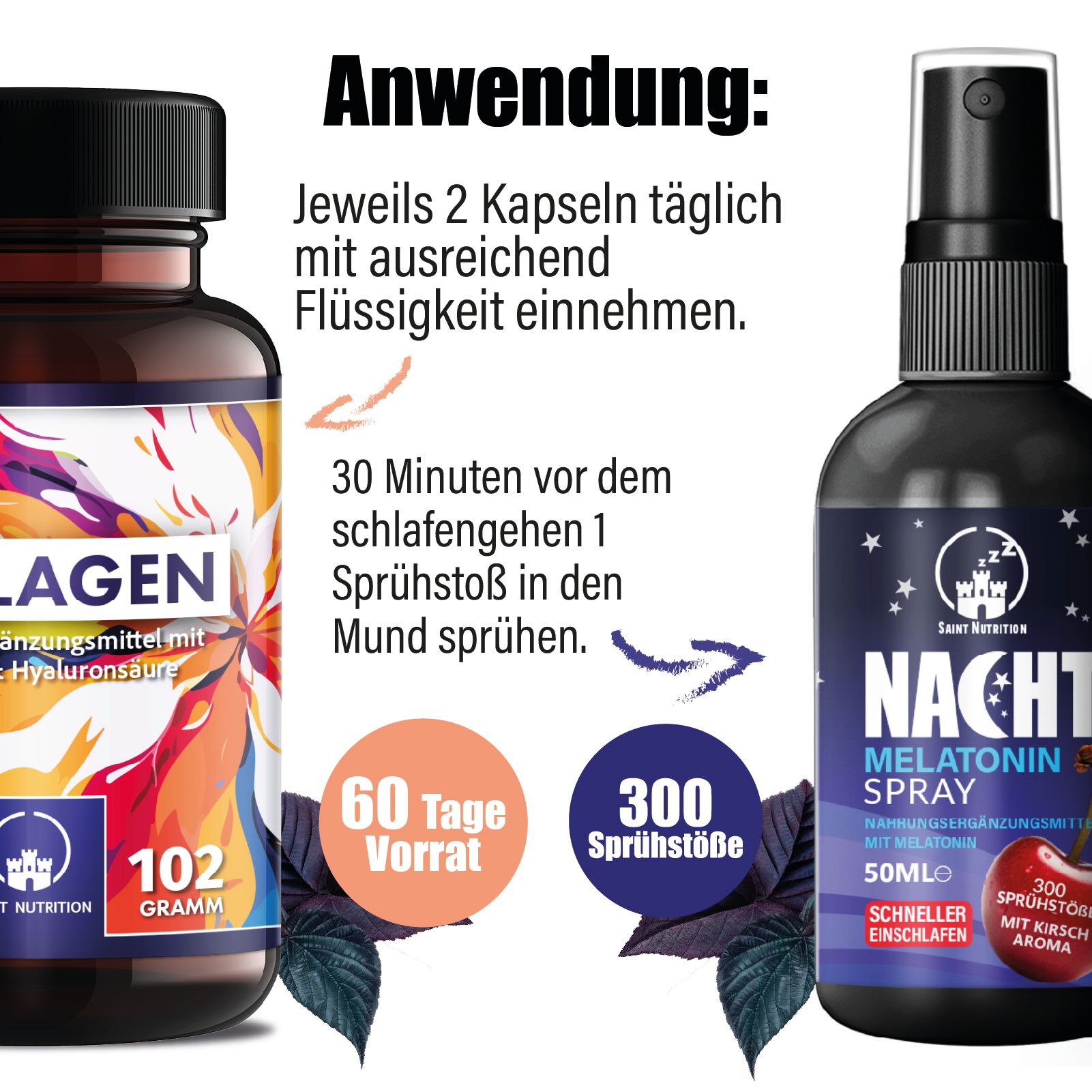 Anwendung: 2 Kapseln täglich mit Flüssigkeit. 1 Sprühstoß Melatonin Spray vor dem Schlafengehen. 60 Tage Vorrat, 300 Sprühstöße.
