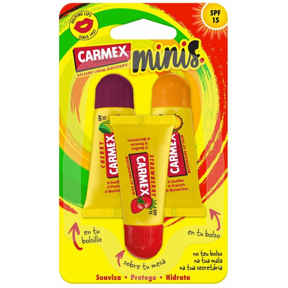 Verpackung mit drei CARMEX minis Lippenbalsam-Tuben. Aromen: Kirsche, Erdbeere, Ananas-Minze. SPF 15. Aufschrift: "Balsamo labial hidratante".