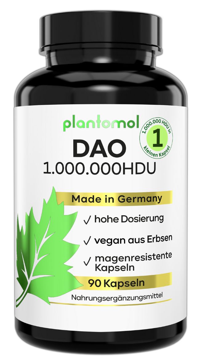 Schwarze Flasche mit weißen Etikett. Enthält Kapseln. Aufschrift: plantomol DAO 1.000.000 HDU, vegan aus Erbsen, 90 Kapseln. Made in Germany.