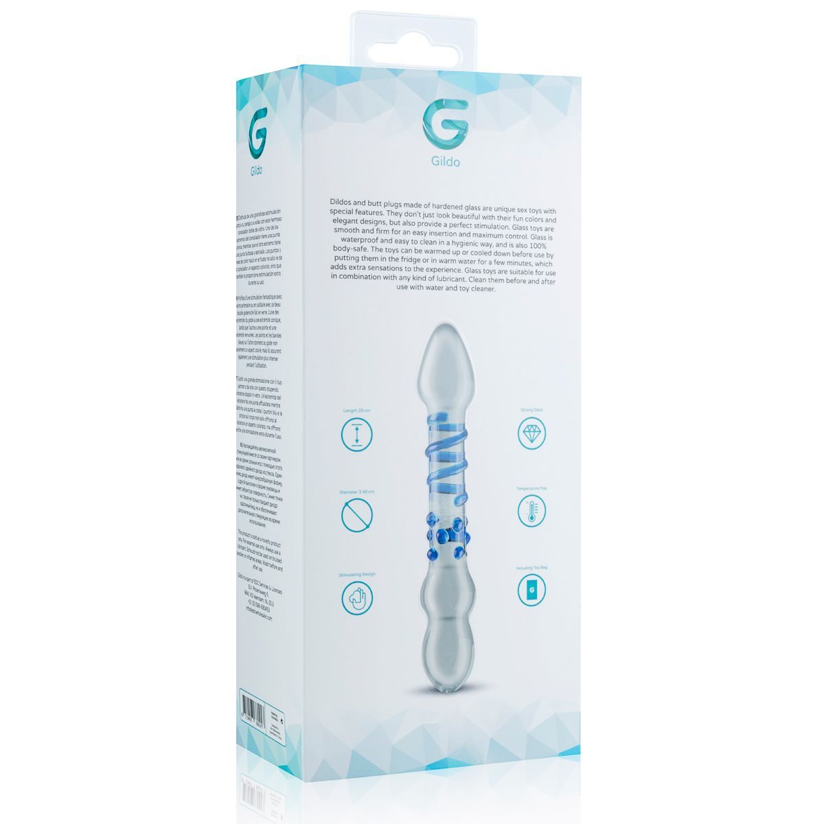 Rückseite der Verpackung des Glas Doppeldildos. Text und Icons. Produktbild und Logo. Informationen zum Produkt.