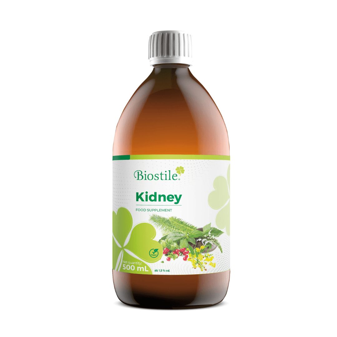 Braune Flasche mit weißem Deckel. Etikett mit 'Biostile Kidney' und Pflanzenabbildung. 500 ml.