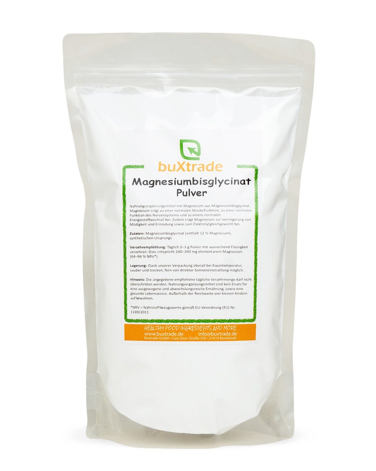 Bequemer Beutel mit buXtrade Magnesiumbisglycinat Pulver, weiß mit grüner und orangefarbener Beschriftung.