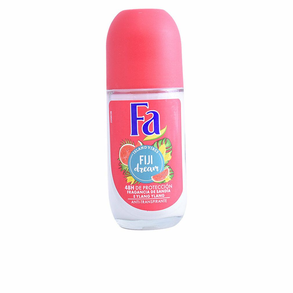 Deo-Roller mit rosa Kappe. Aufkleber mit "Fa", "Fiji dream", Wassermelone und Ylang-Ylang-Motiv. Anti-Transpirant.