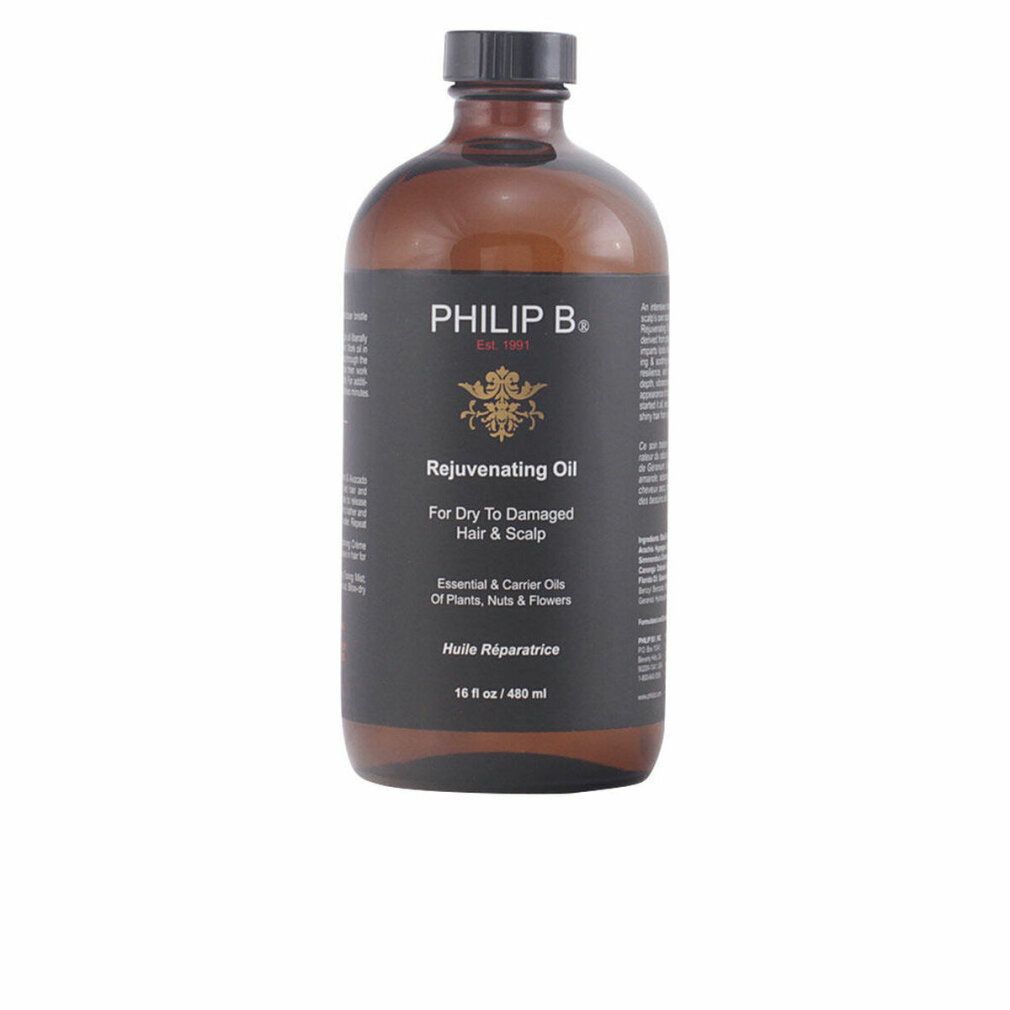 Braune Glasflasche mit schwarzem Etikett für Philip B. Rejuvenating Oil, 480 ml.