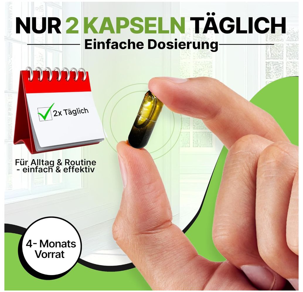 Hand hält eine Kapsel. Aufschrift: Nur 2 Kapseln täglich. Kalender mit Häkchen. 4-Monats-Vorrat. Grüne und weiße Elemente.