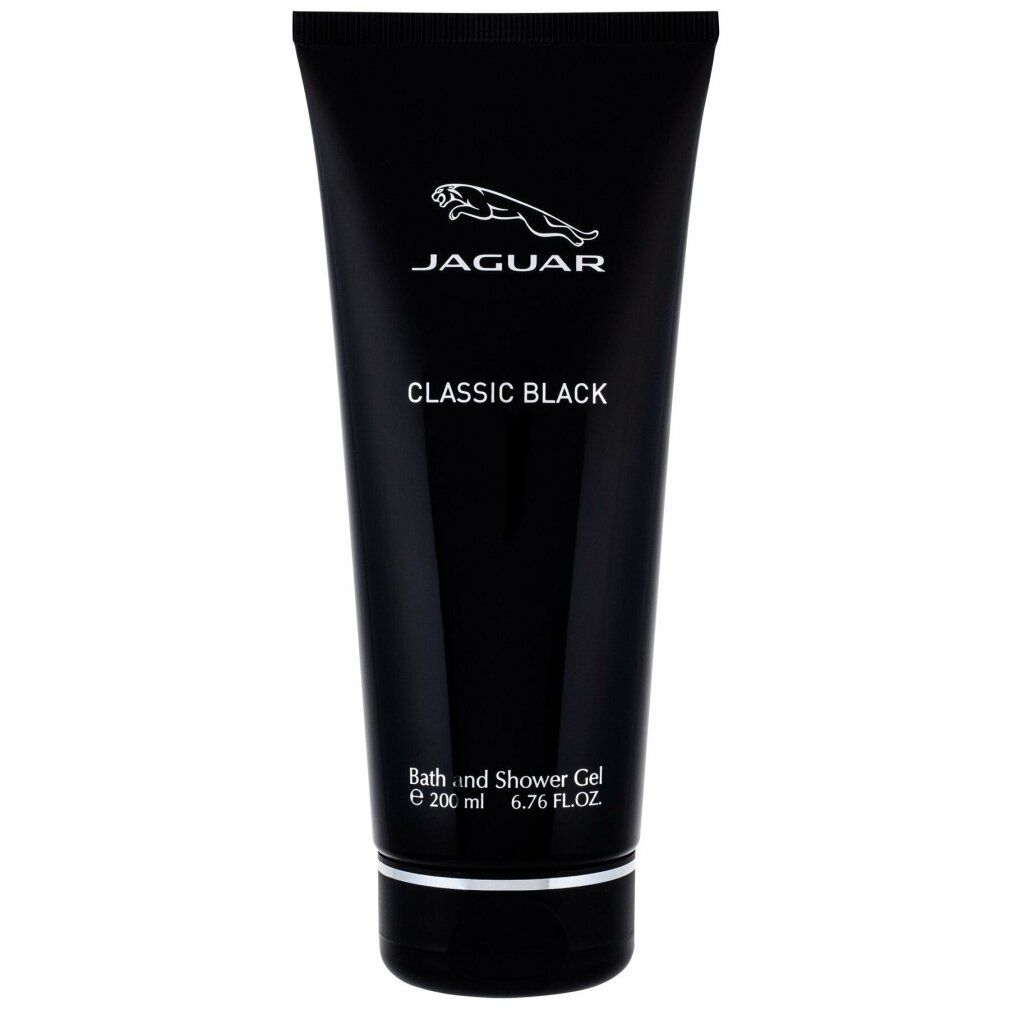 Schwarze Tube mit Jaguar-Logo und Schriftzug CLASSIC BLACK. Produktbezeichnung: Bath and Shower Gel.