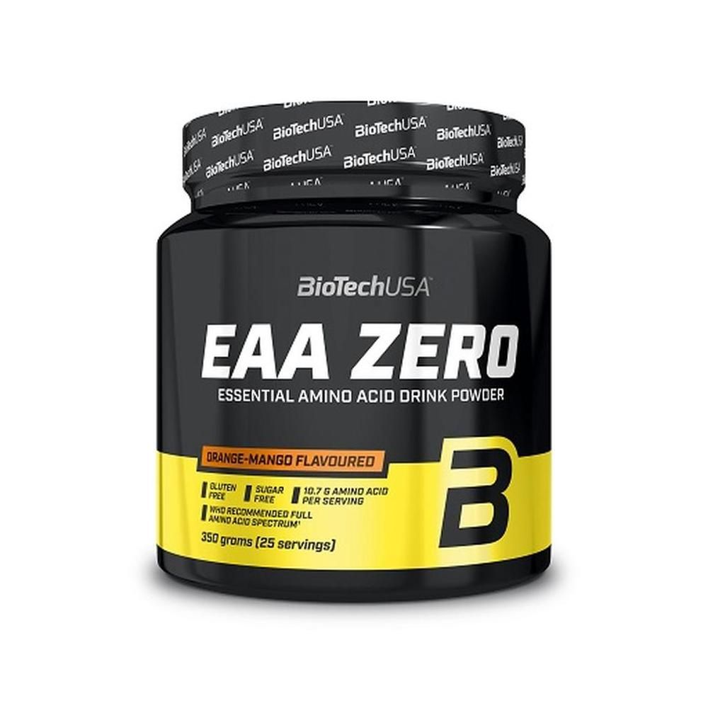 Schwarzes Produktglas mit gelbem Etikett. Aufschrift: EAA ZERO, Essential Amino Acid Drink Powder. Orange-Mango-Geschmack. 350 Gramm.