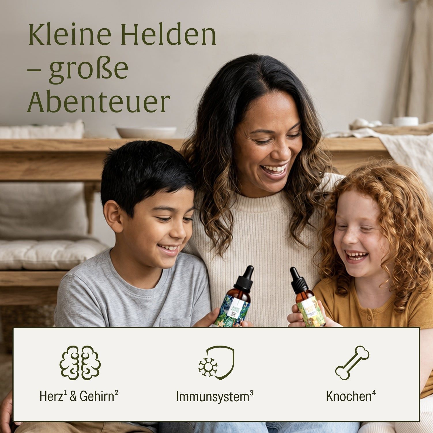 Mutter mit zwei Kindern hält Tropfenflaschen. Symbole für Herz, Immunsystem und Knochen.