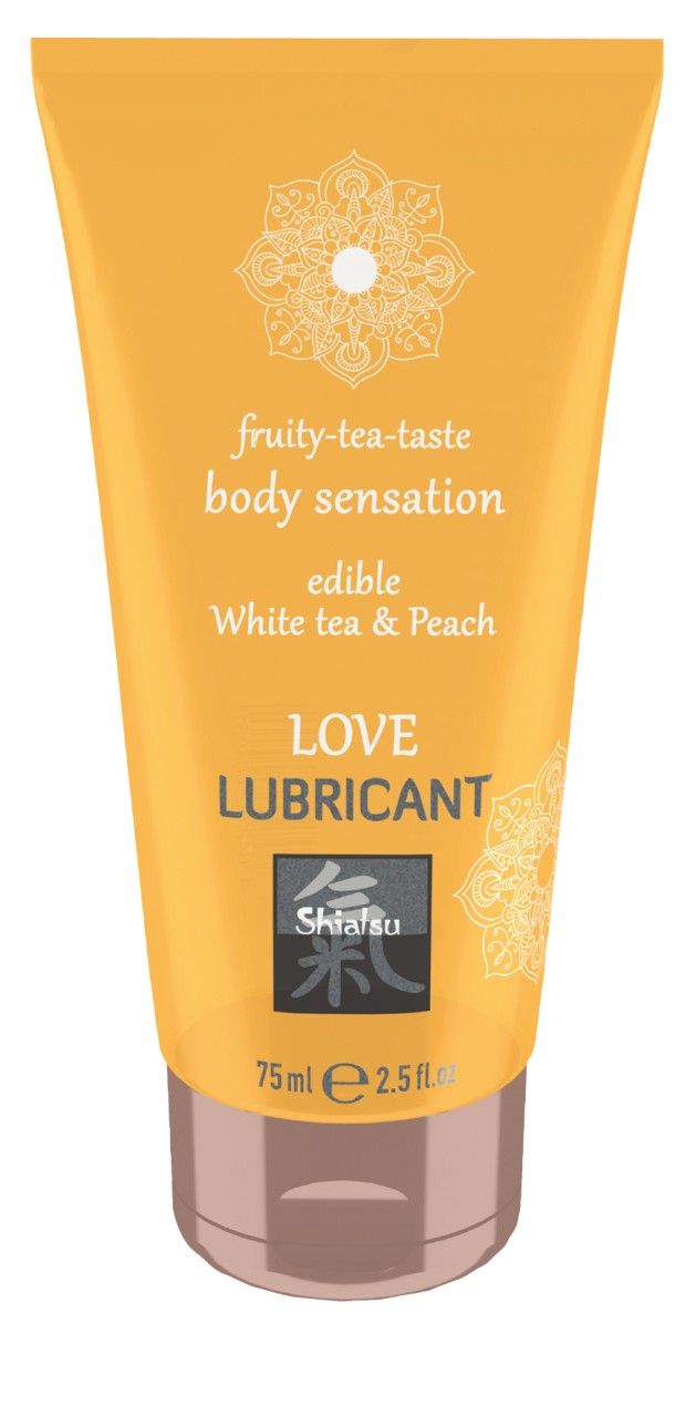 Gel-Tube, gelb, mit Aufschrift "Love Lubricant". Enthält "Weißer Tee & Pfirsich". Marke Shiatsu. Volumen: 75ml.