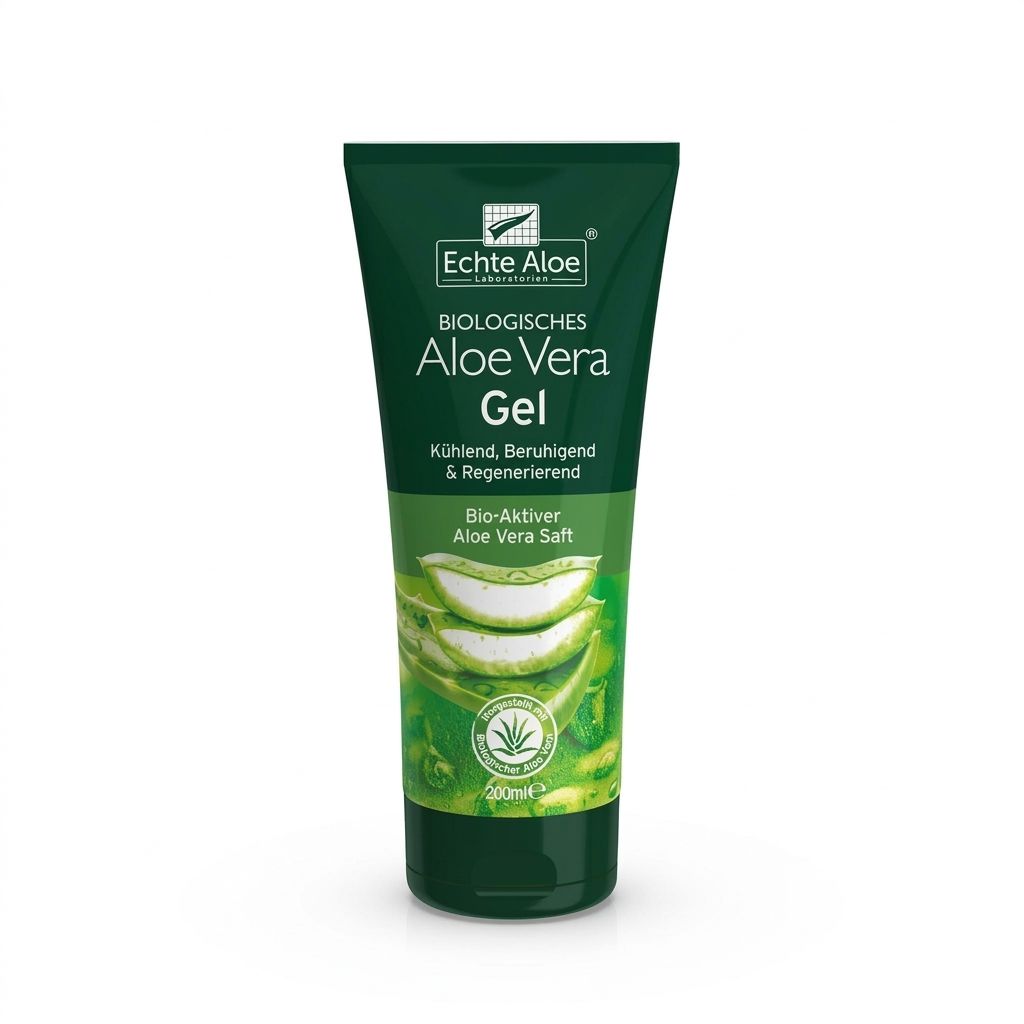 Grüne Tube mit Aloe Vera Gel. Aufschrift: Biologisches Aloe Vera Gel. Kühlend, beruhigend & regenerierend. Bio-aktiver Aloe Vera Saft.