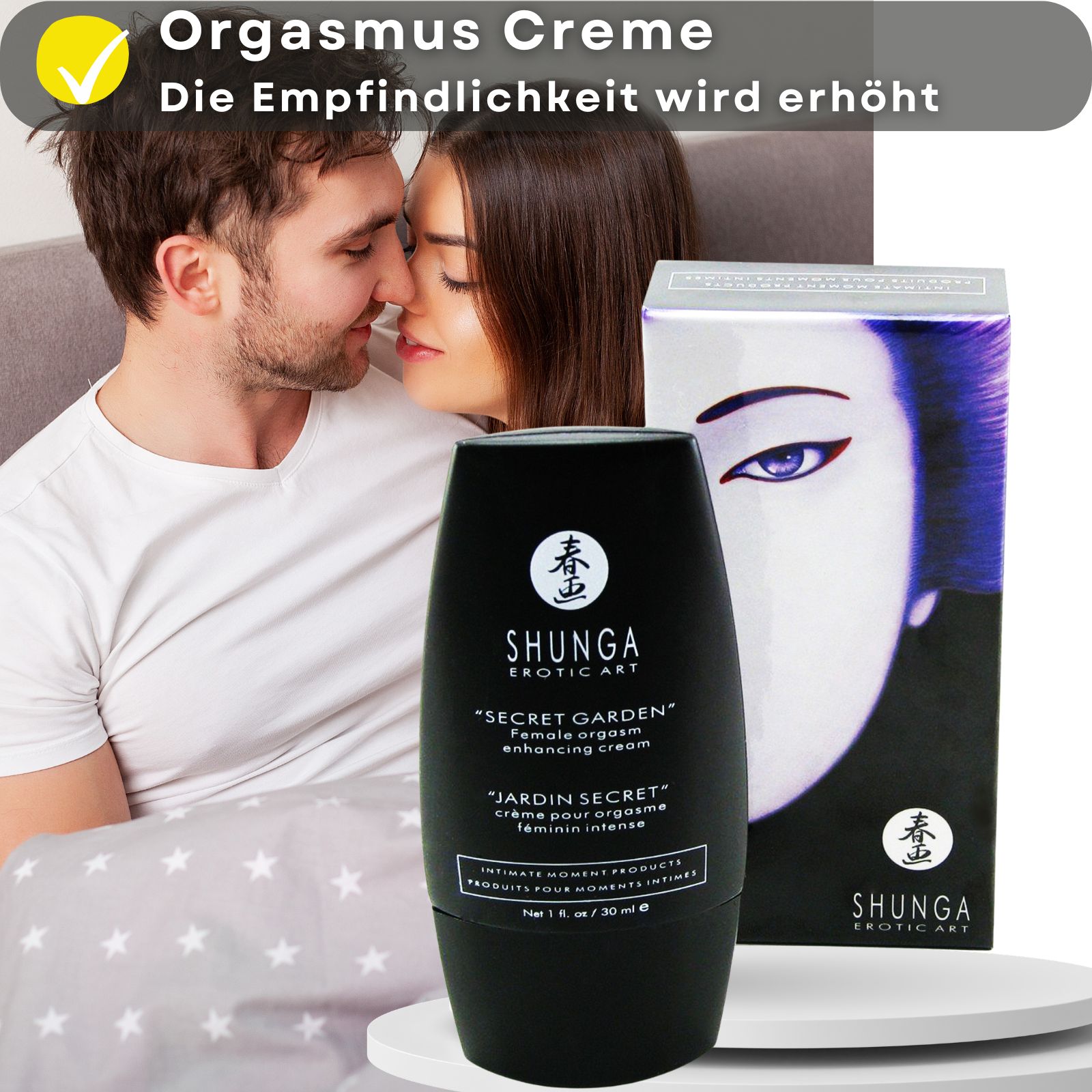 Produktflasche mit Text und Paar. Marke: Shunga.