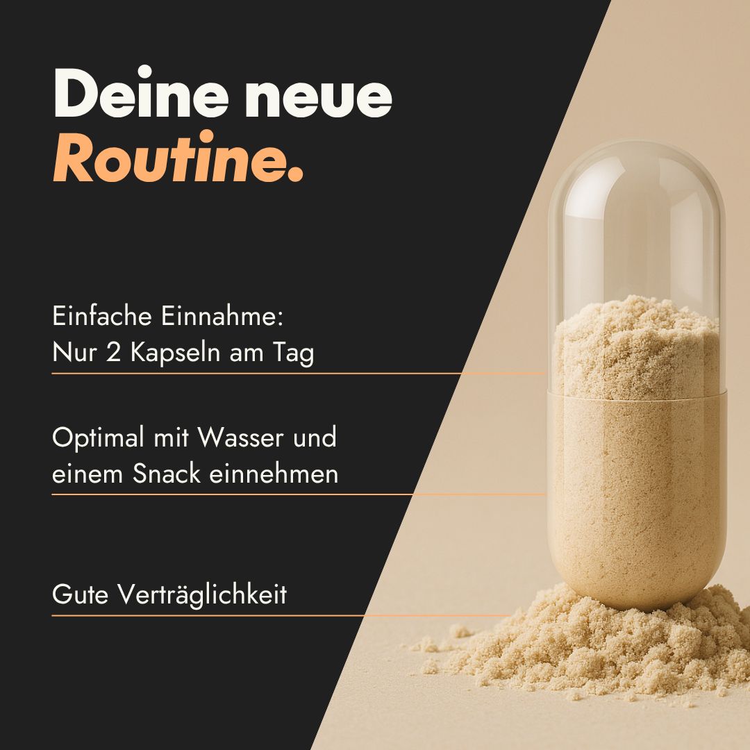 Kapsel mit Inhalt. Text: Einfache Einnahme: Nur 2 Kapseln am Tag. Optimal mit Wasser und einem Snack einnehmen. Gute Verträglichkeit.