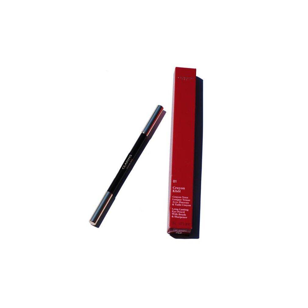 Clarins Crayon khôl, schwarzer Kajalstift und Verpackung, schräg angeordnet.