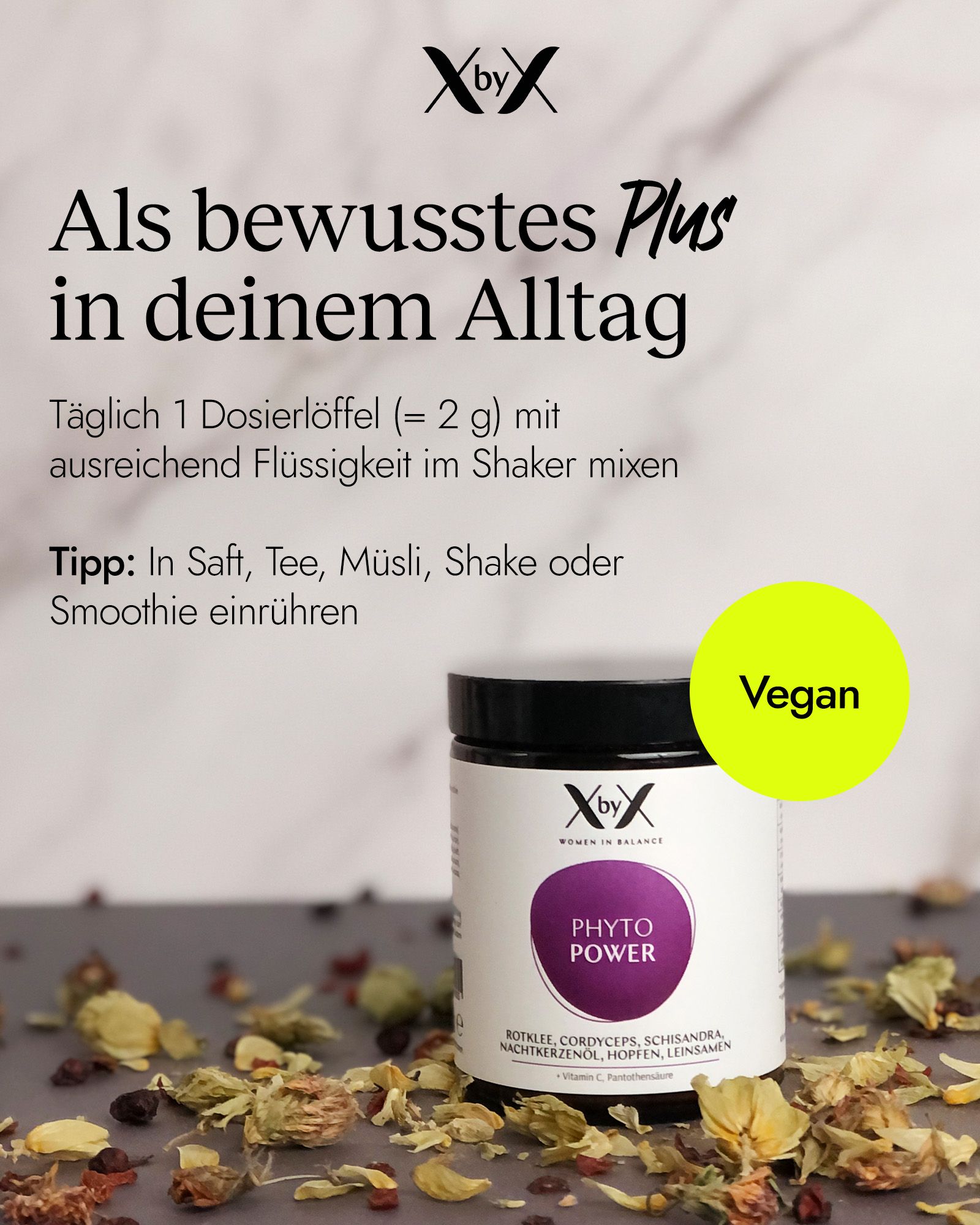 XbyX® Phyto Power – Rotklee Wechseljahre¹ Pulver, Isoflavone, Adaptogene, Vitamine für Frauen ab 50