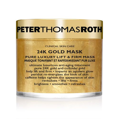 Goldfarbene Creme in einem Glasbehälter mit goldfarbenem Deckel. Aufschrift: Peter Thomas Roth, 24K Gold Mask.