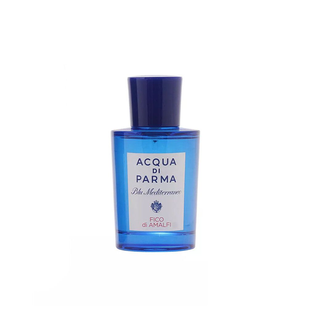 Blaue Flasche mit blauem Verschluss. Aufschrift: Acqua Di Parma, Blu Mediterraneo, Fico di Amalfi.