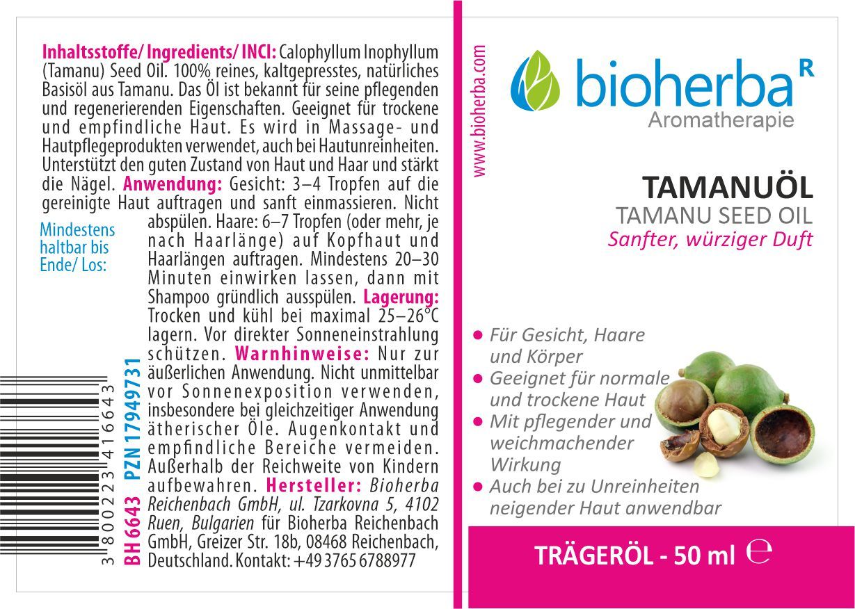 Etikett mit Produktinformationen. Weißer Hintergrund mit blauem und grünem Text. Produktname: Tamanuöl. Text: Trägeröl, 50 ml.