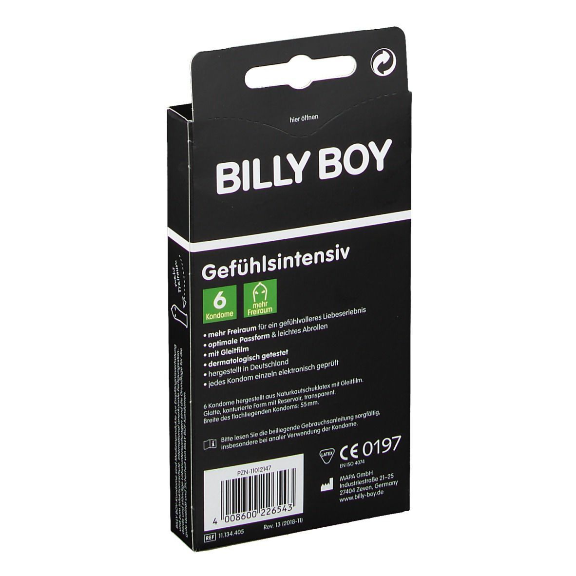 Schwarze Verpackung BILLY BOY. 6 Kondome Gefühlsintensiv. Produktinformationen und CE-Kennzeichnung.