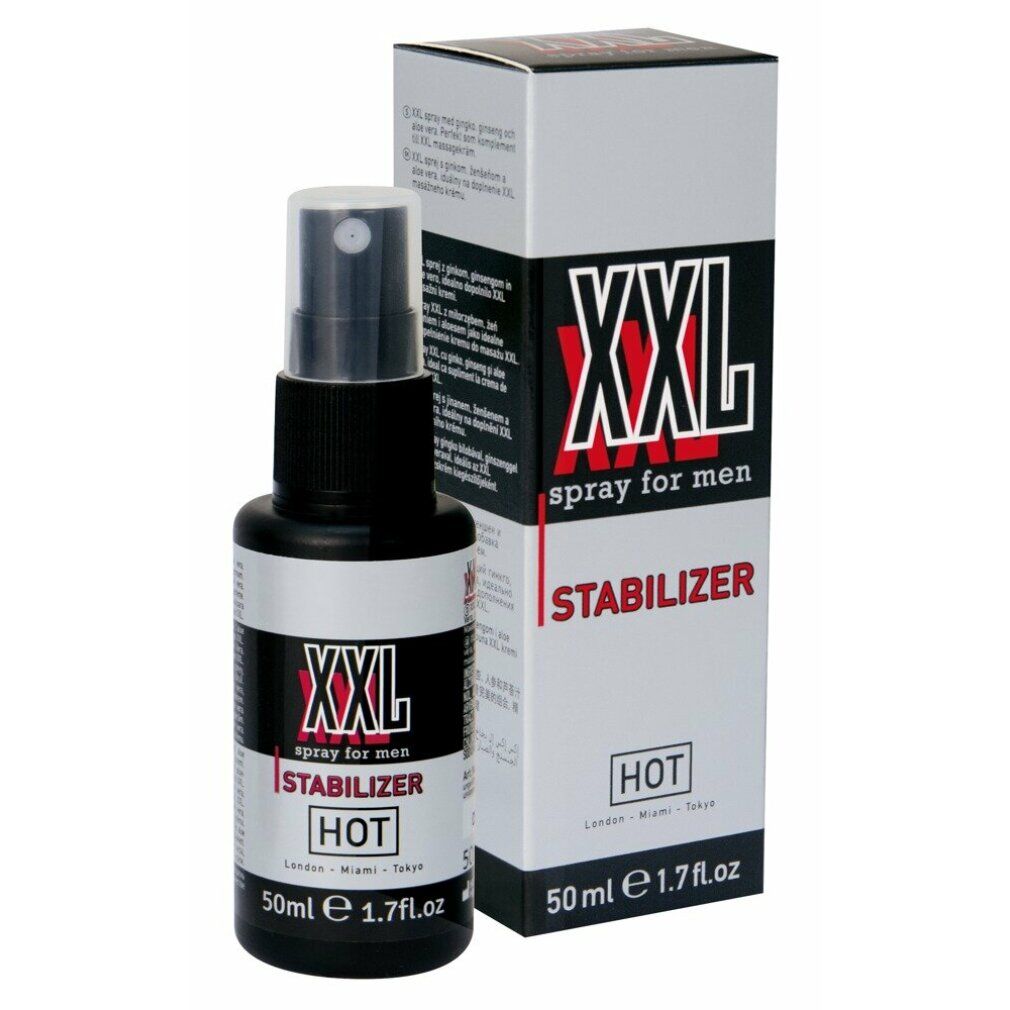Schwarze Sprühflasche mit Produktnamen und Verpackung. Aufschrift: XXL Stabilizer, 50ml, HOT.