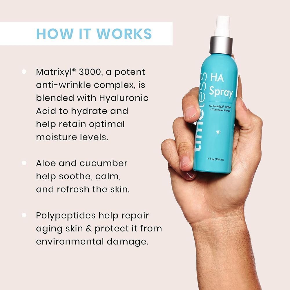 Hand hält türkisfarbene Sprühflasche. Aufschrift: timeless HA Spray. Text: Matrixyl 3000, Hyaluronsäure, Gurkenextrakt. Hintergrund: Text über Inhaltsstoffe.