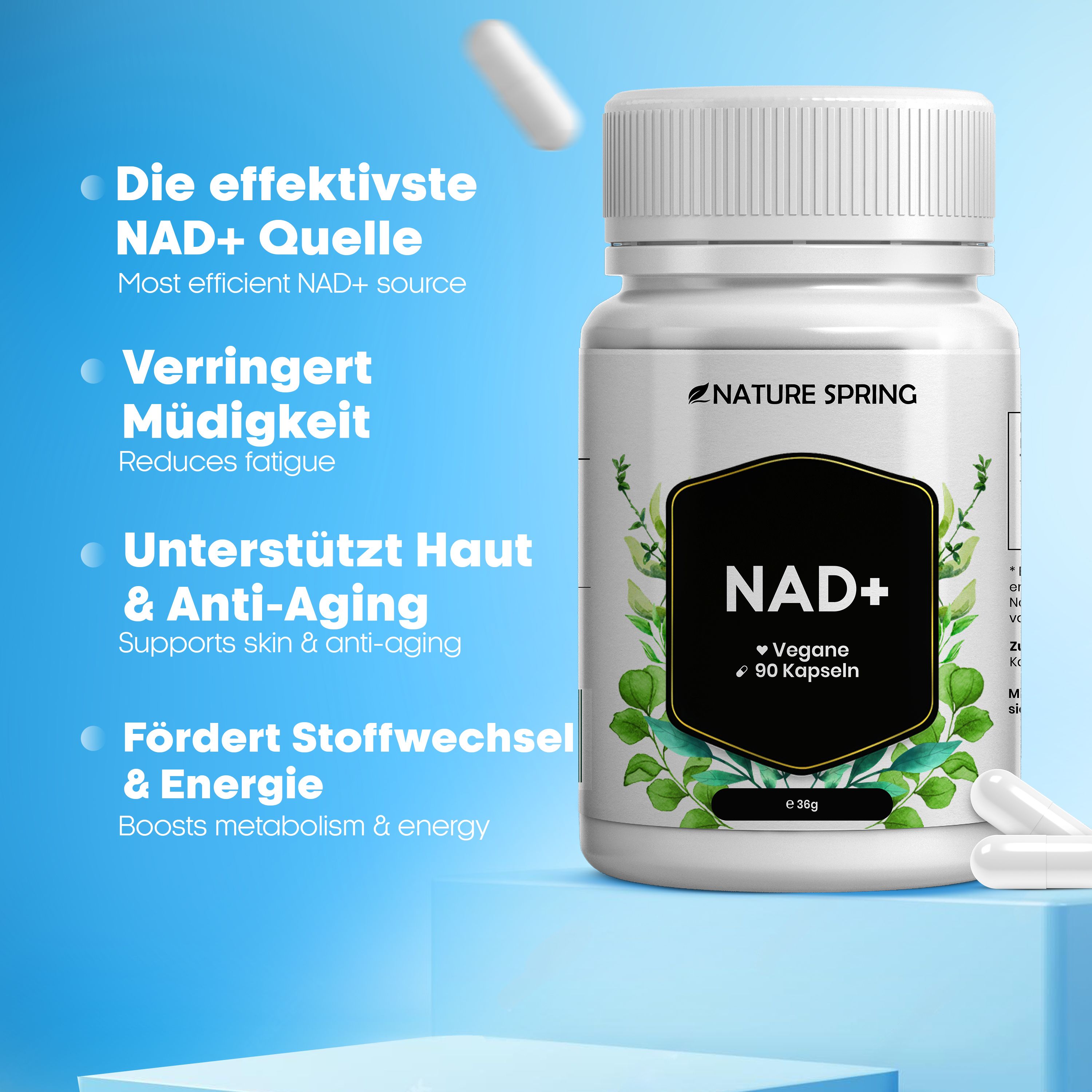 Nature Spring NAD+ Kapseln: Unterstützt Haut, Anti-Aging, Stoffwechsel und Energie. Effektivste NAD+ Quelle.