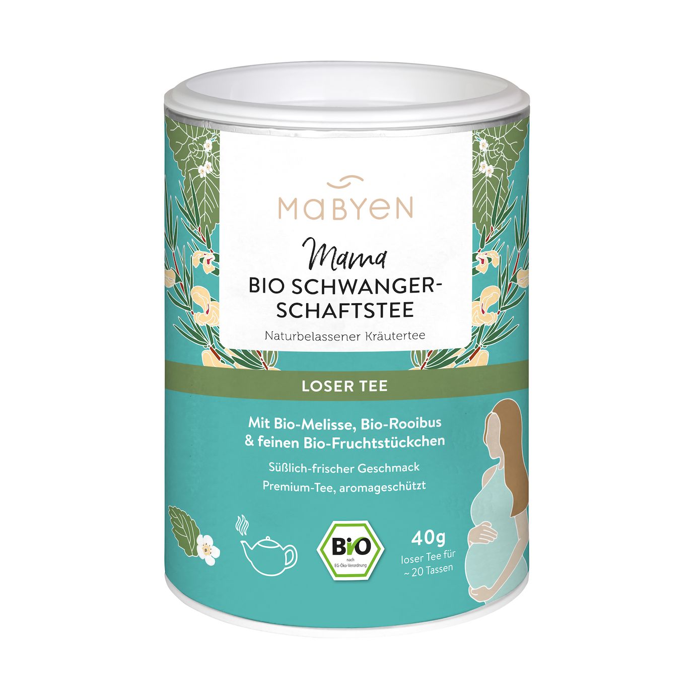 Runde Dose mit MAYBEN Mama Bio Schwangerschaftstee. Türkisgrüner Hintergrund mit floralem Muster und Produktinformationen. Bio-Siegel.