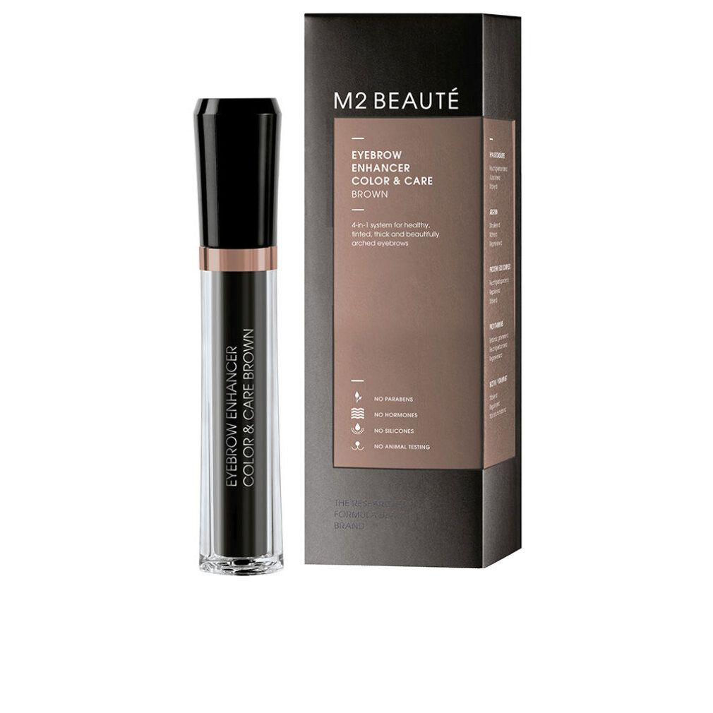M2 Beauté Eyebrow Enhancer, braun, mit Verpackung. Schwarze Flasche mit schwarzem Deckel und brauner Schrift. Schwarze Verpackung.