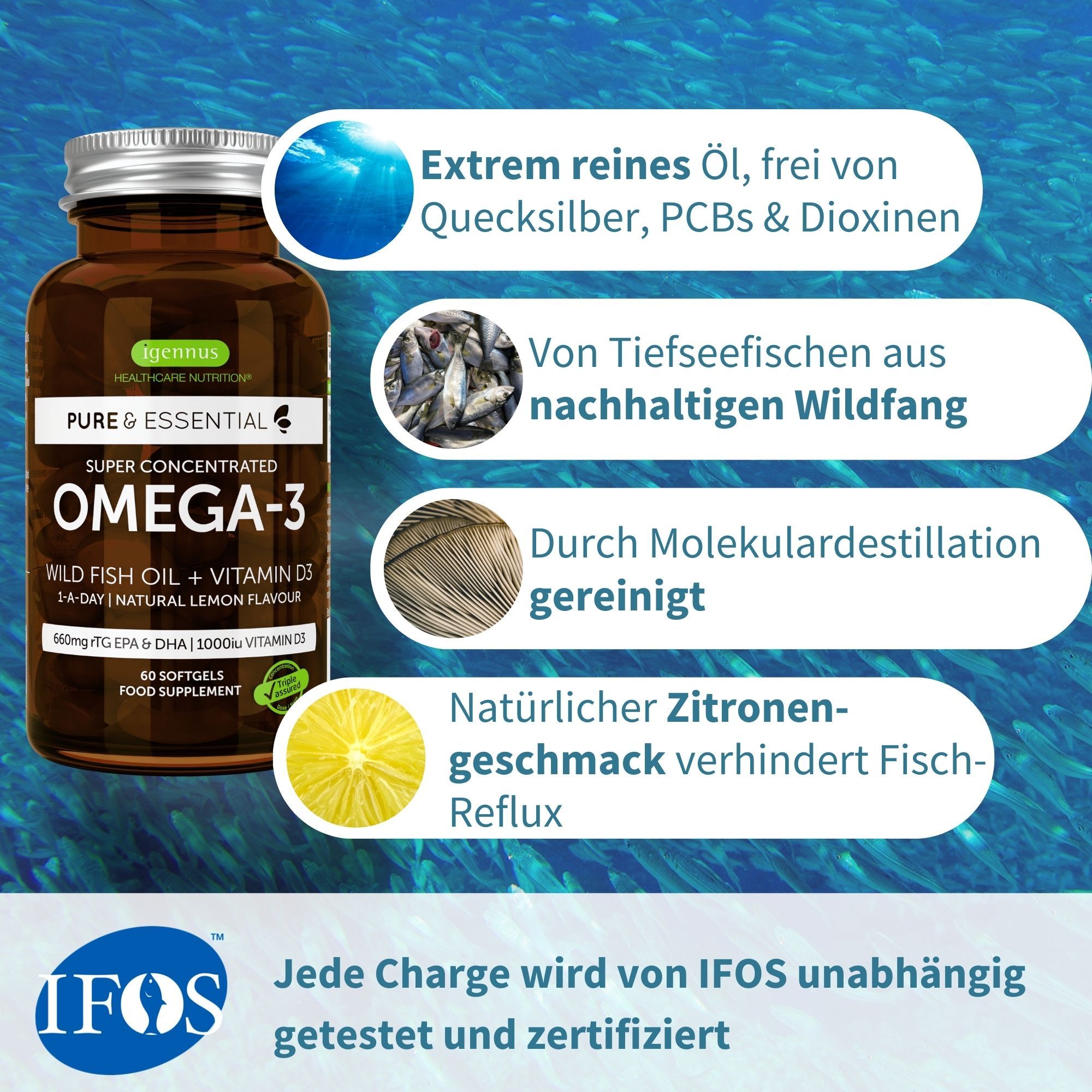 Braune Flasche mit Kapseln. Text: Extrem reines Öl, frei von Quecksilber, PCBs & Dioxinen. Von Tiefseefischen. IFOS-Zertifizierung.
