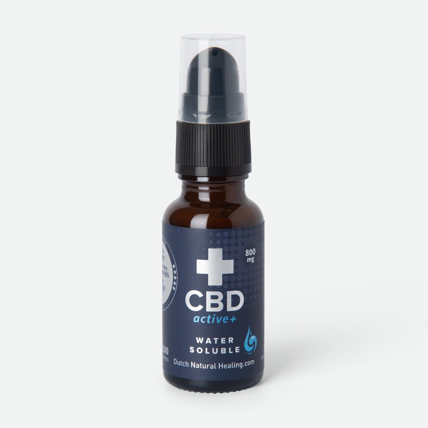 Braune Glasflasche mit schwarzem Pumpkopf. Aufschrift: CBDactive+ Wasserlöslich. Weißes Kreuz-Logo.