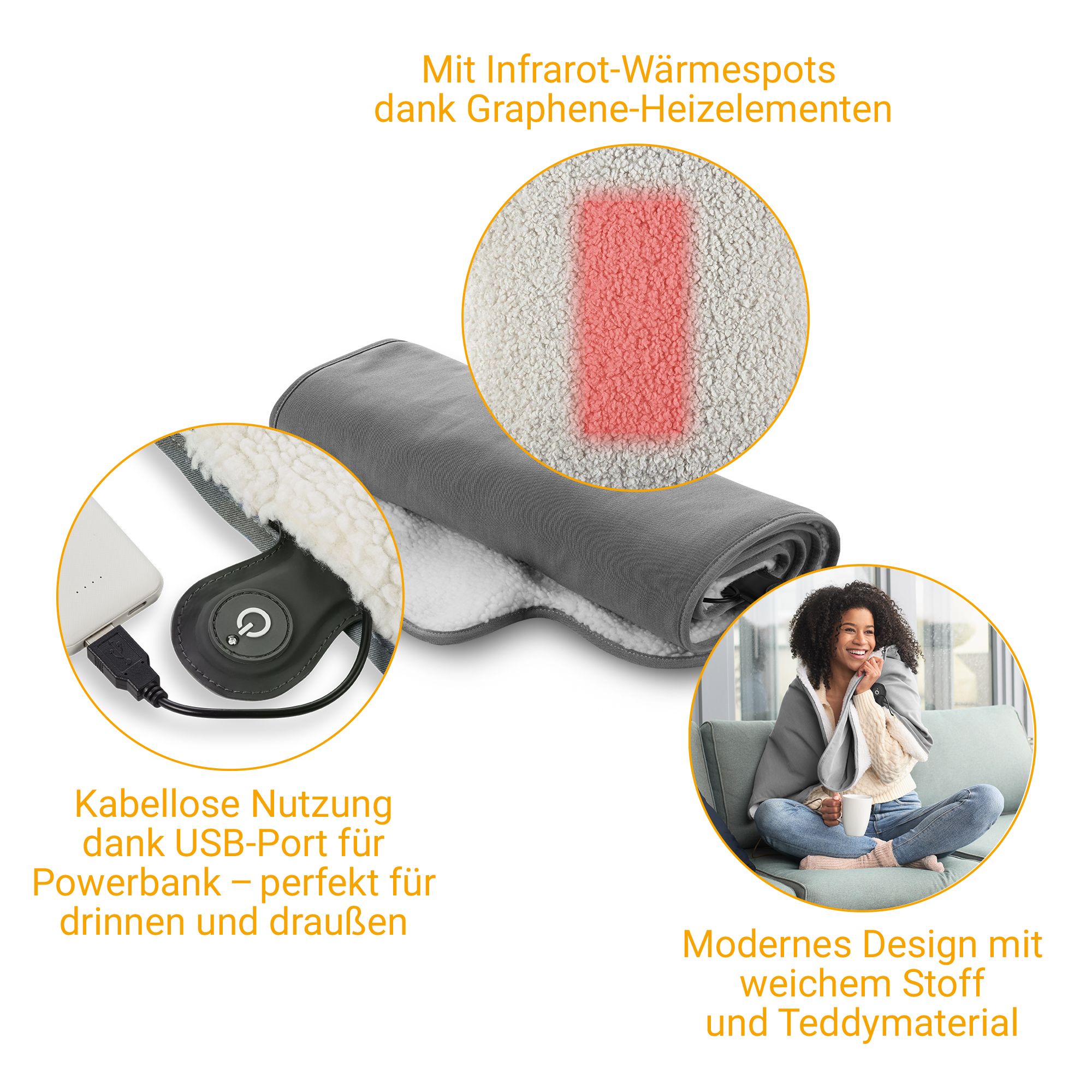 Graue Sitzauflage mit USB-Anschluss, Graphen-Heizelementen und Teddyfutter.